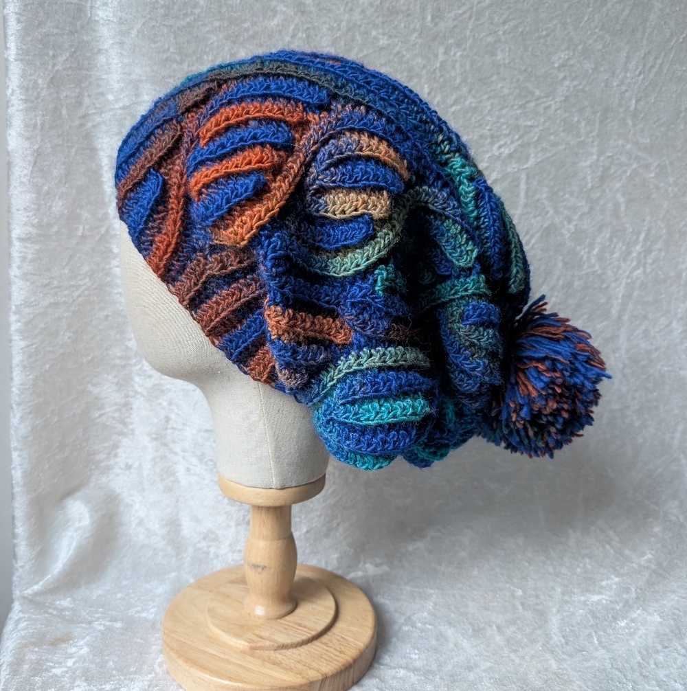 Handmade Oversized Slouchy Pom Beanie Blue Orange Weaving Knit